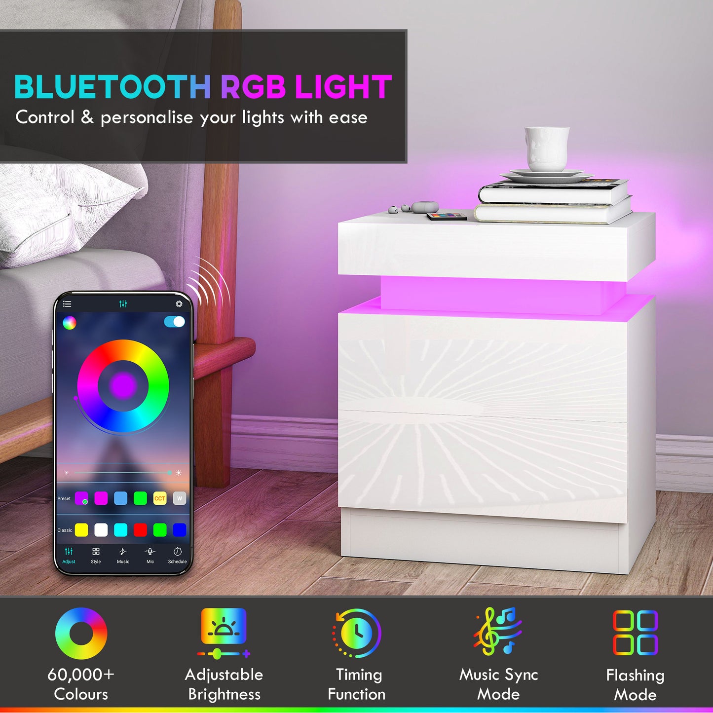 HOMCOM White Bedside Table With LED Light Set Of 2 Nightstand For Bedroom Living Room High Gloss Front And 2 Drawers