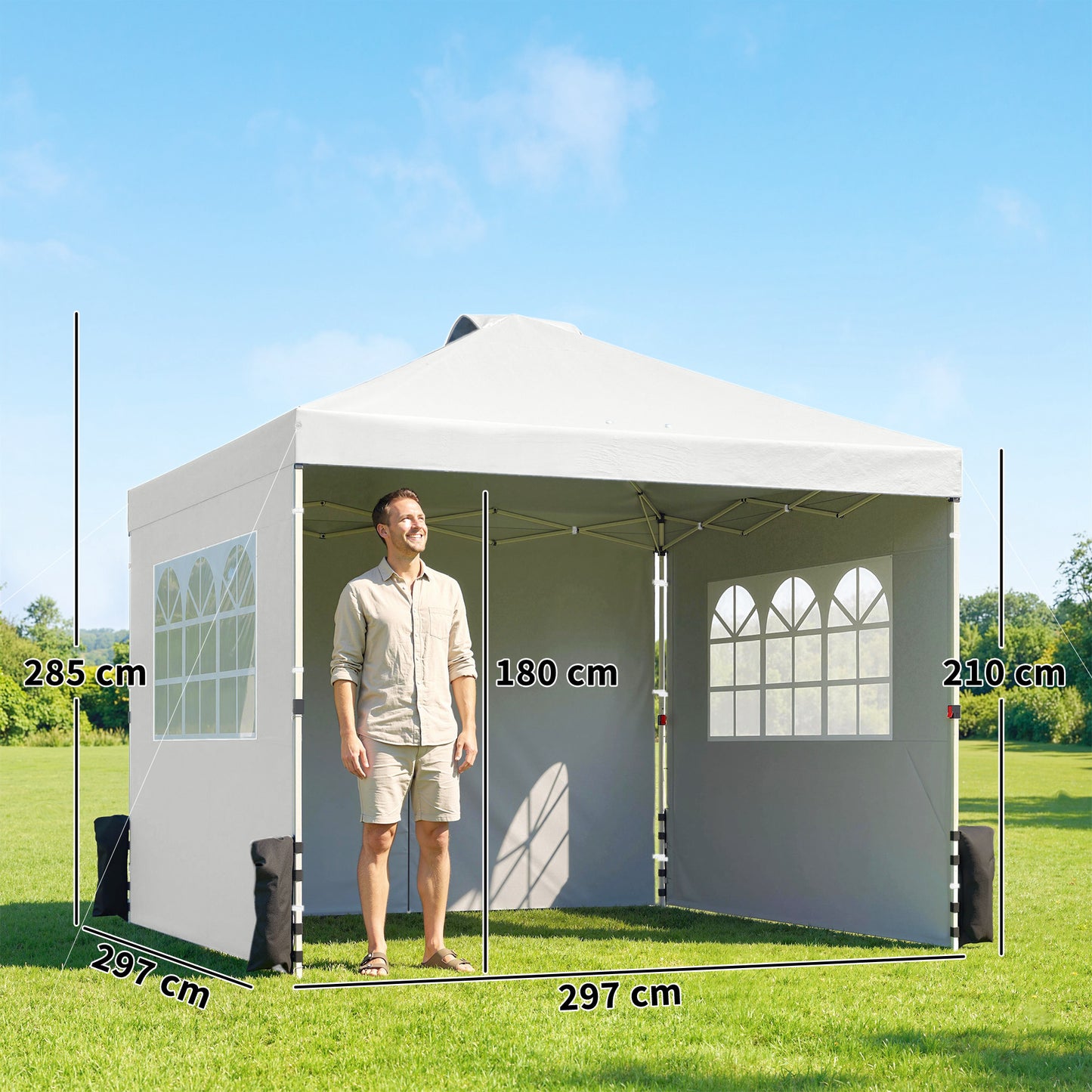 Outsunny Pop Up Gazebo 3x3m Waterproof Canopy Height Adjustable With 3 Sidewalls And Wheeled Bag White