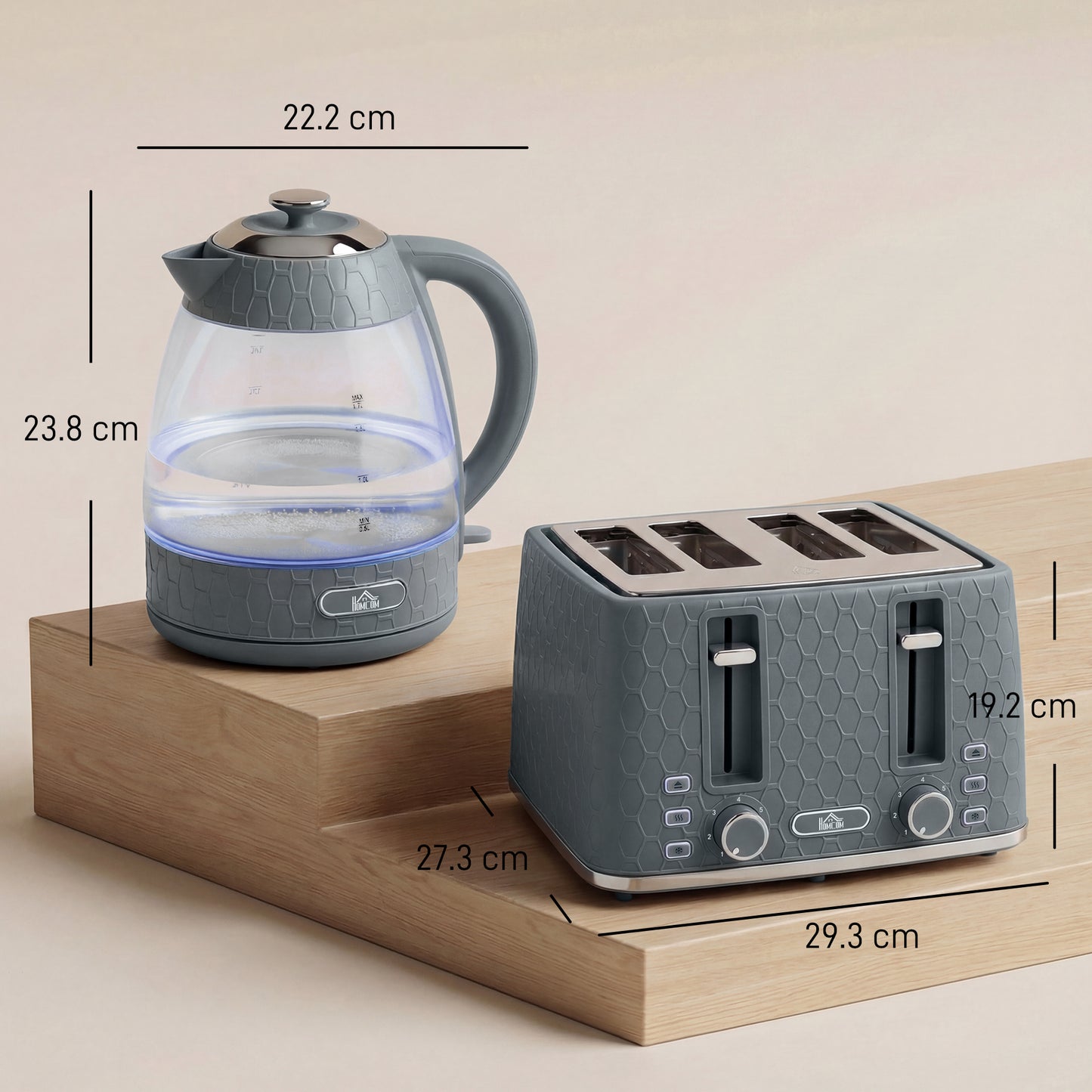 HOMCOM Kettle and Toaster Set 1.7L 3000W Fast Boil with Strix Thermostat 4 Slice Toaster 7 Browning Levels Grey