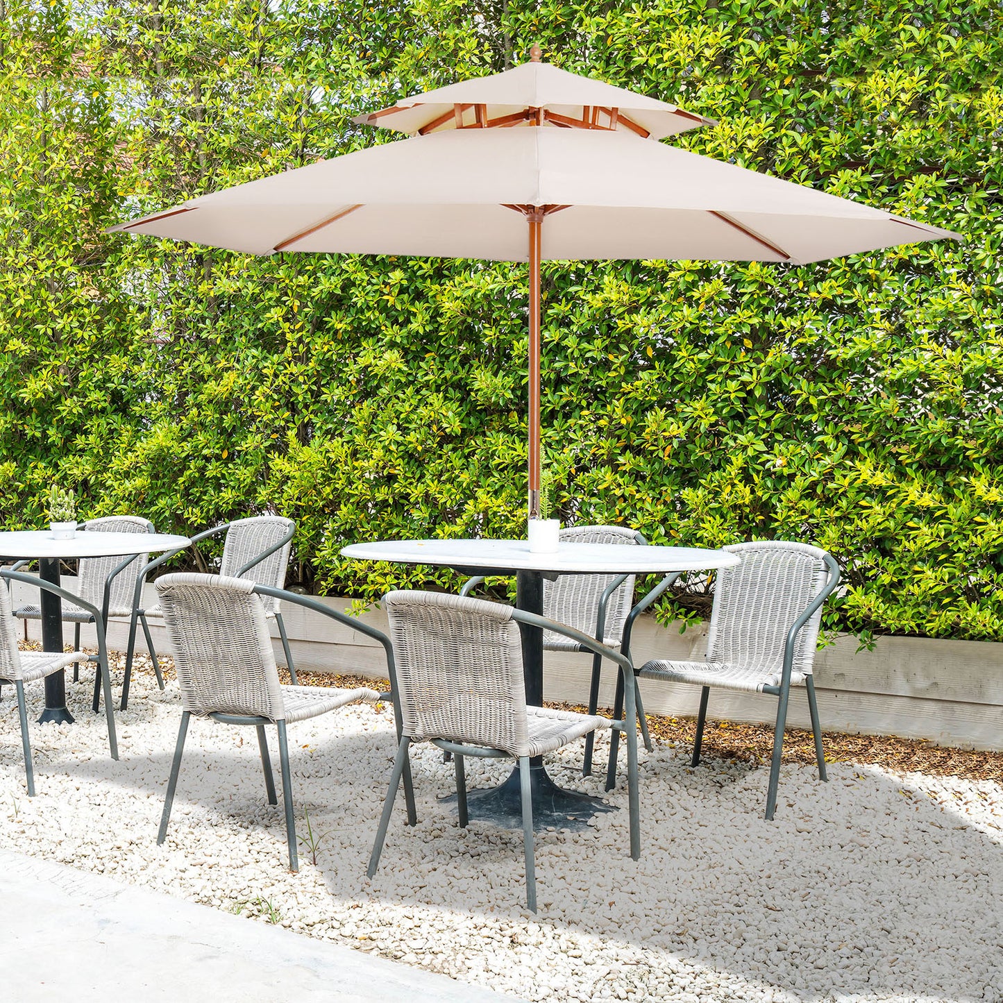 Outsunny 2.7m Wooden Parasol With Two Tier Canopy For Garden Outdoor Shade Beige