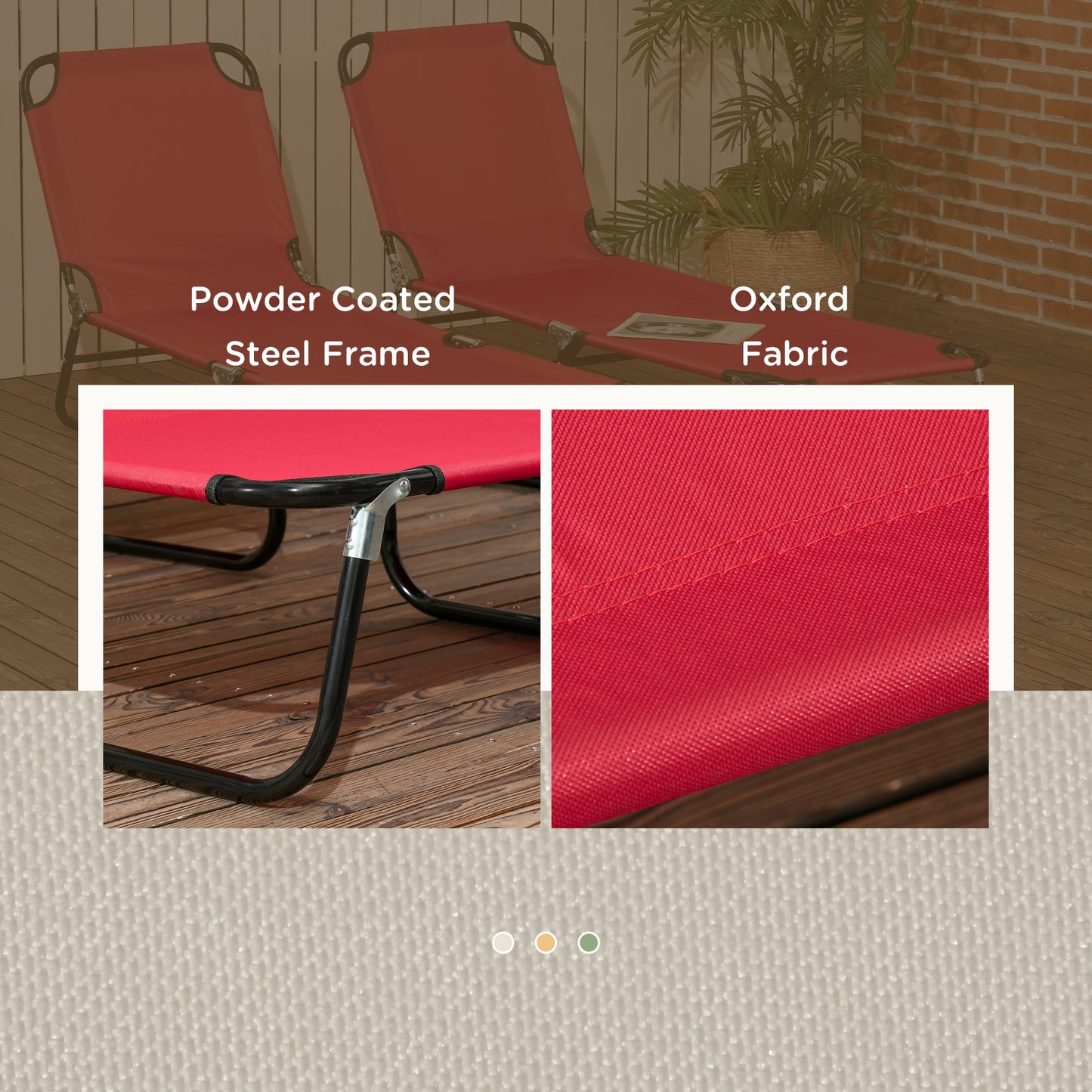 Outsunny Set Of Two Folding Sun Loungers Red With Five Position Reclining Backs And Powder Coated Steel Frames