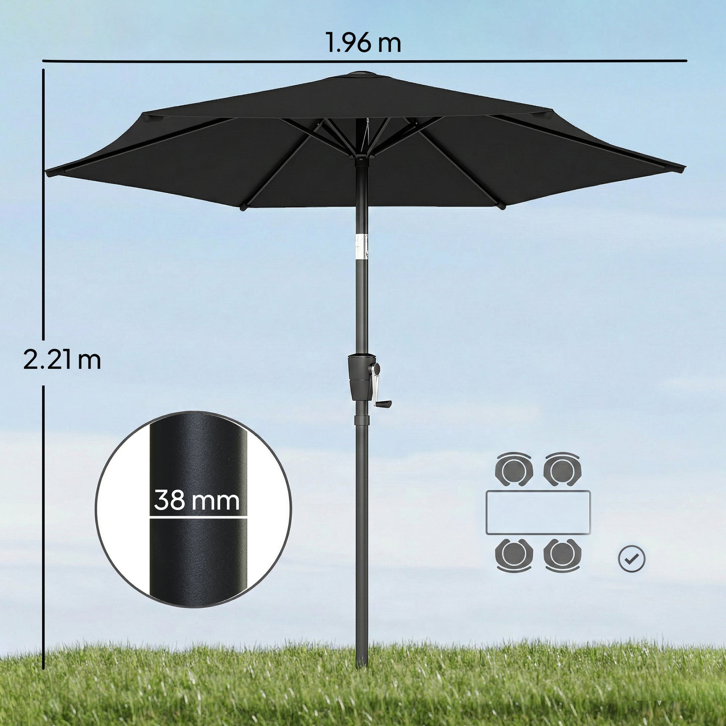 Outsunny 2m Garden Parasol Umbrella With Crank Handle And Tilt Function UV30+ Protection For Outdoor Tables