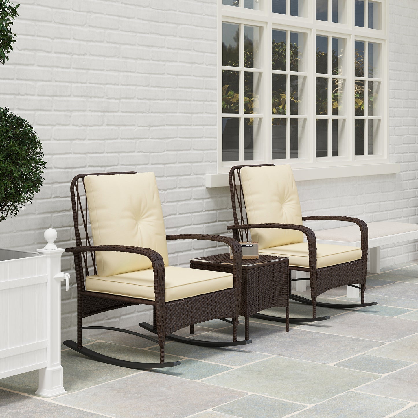 Outsunny Three Piece Rattan Bistro Set With Glass Top Table Two Rocking Chairs Brown Outdoor Garden