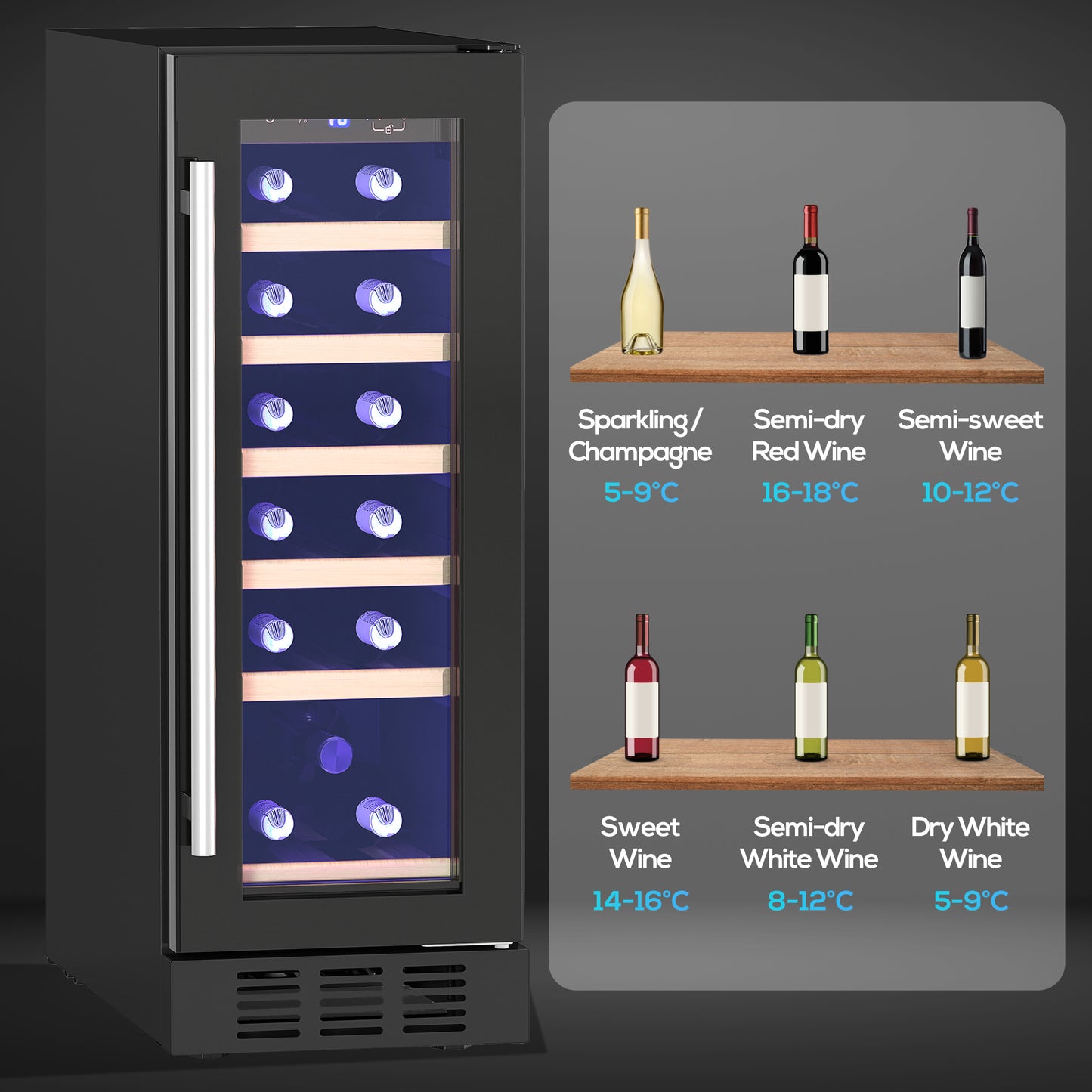HOMCOM 19 Bottle Wine Fridge with Wooden Racks, Adjustable Space for Larger Bottles, Glass Door 5-18 Celsius Black