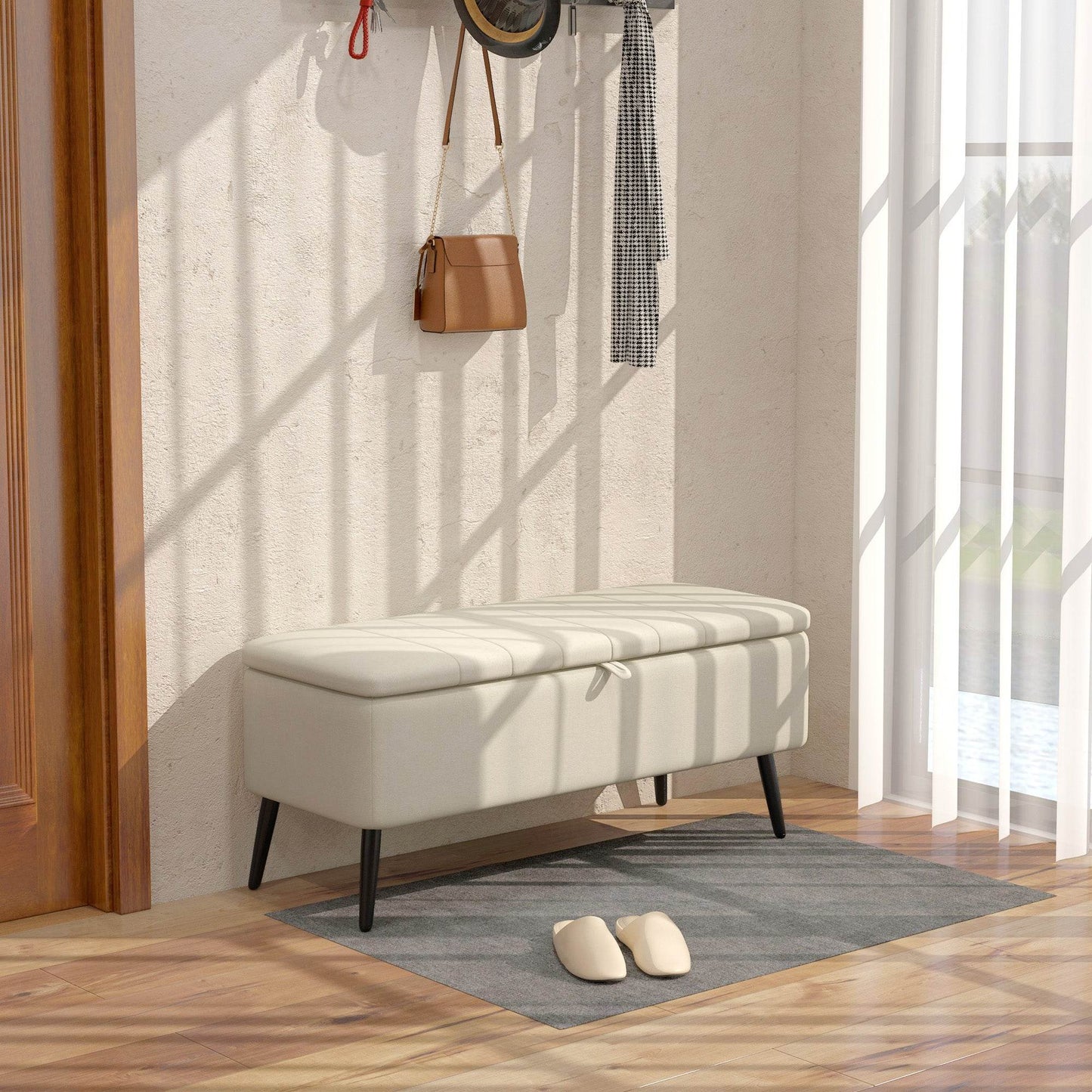 Versatile Cream White Linen Fabric Storage Bench Ottoman with Padded Lid - ALL4U RETAILER LTD