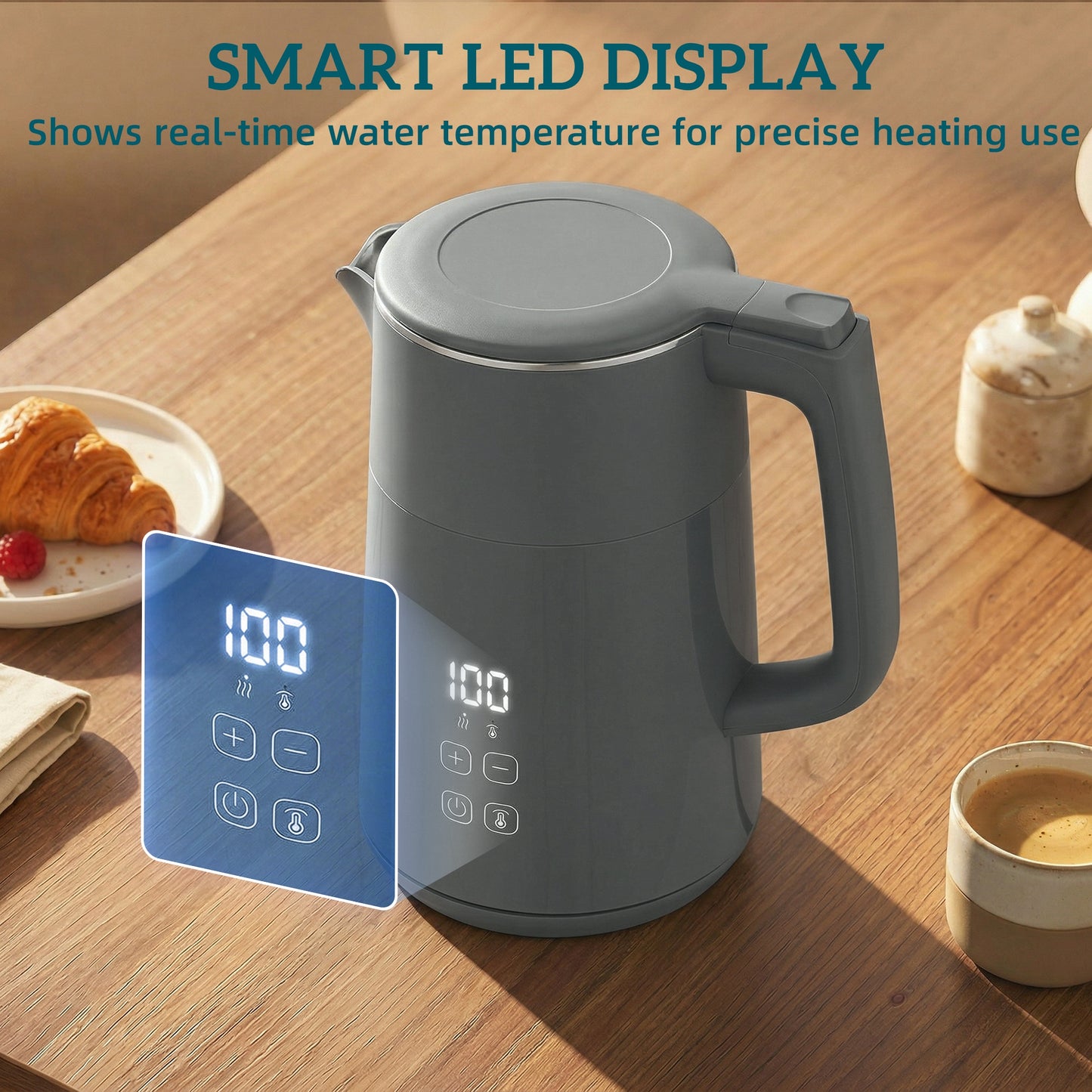 HOMCOM 1.7L Electric Kettle 3kW Fast Boil With UK Strix Thermostat LED Display Keep Warm Grey