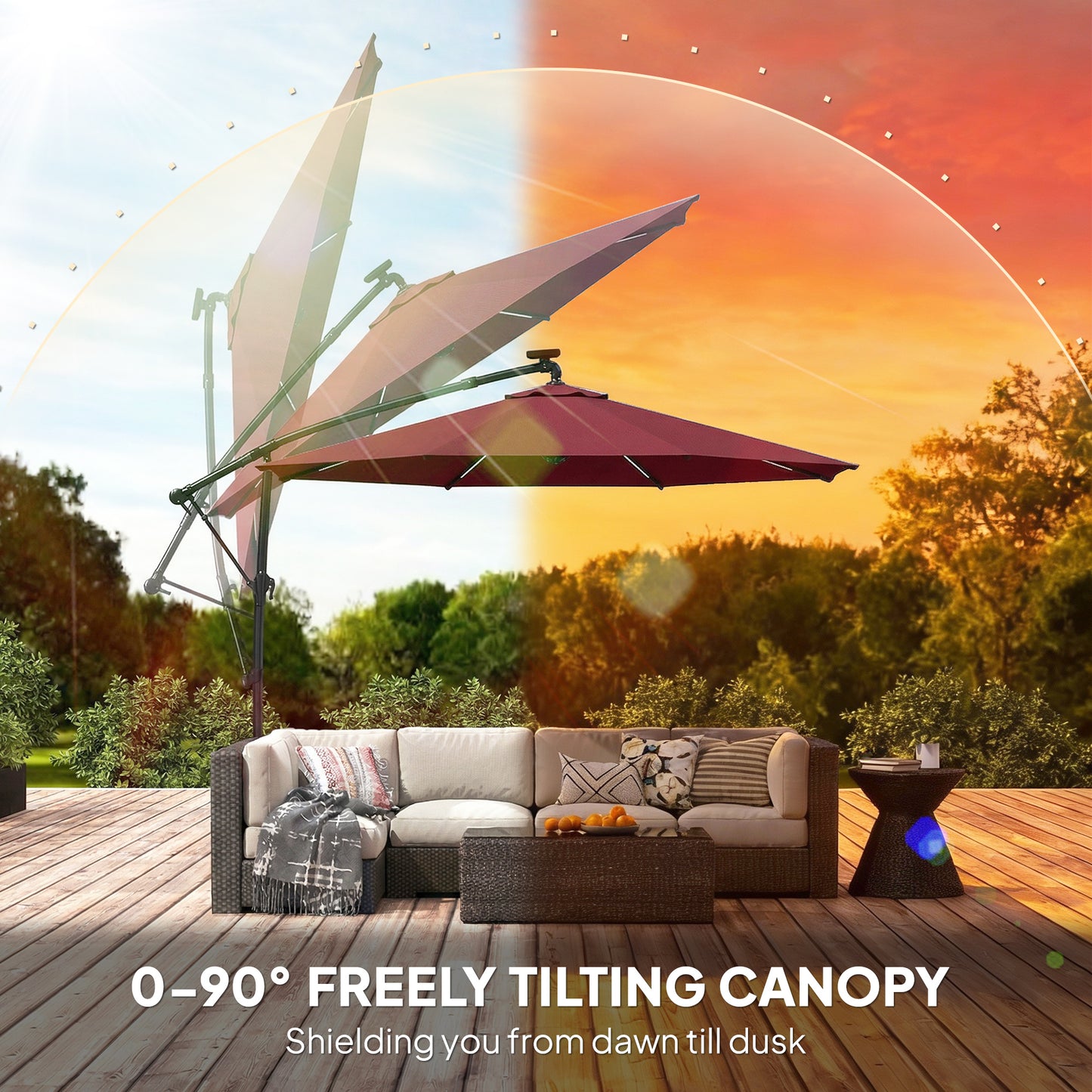 Outsunny 3 Meter Cantilever Garden Parasol With LED Solar Light And Cover Umbrella 360 Degree Rotation Wine Red