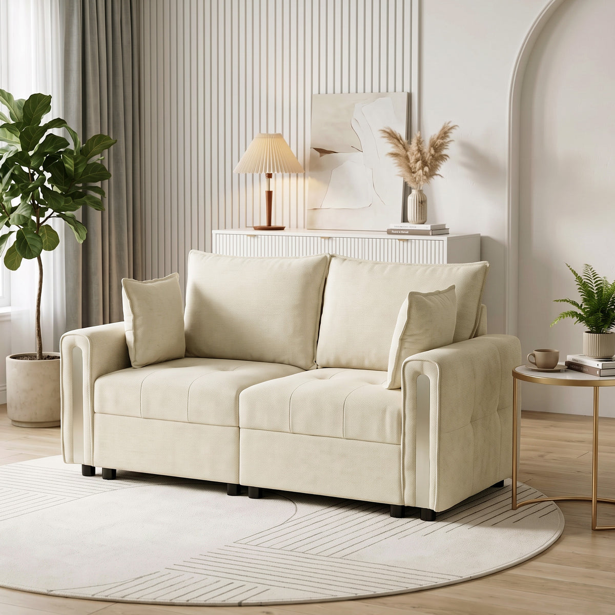 Beige velvet 2-seater loveseat with tall back, padded armrests, and throw pillows.