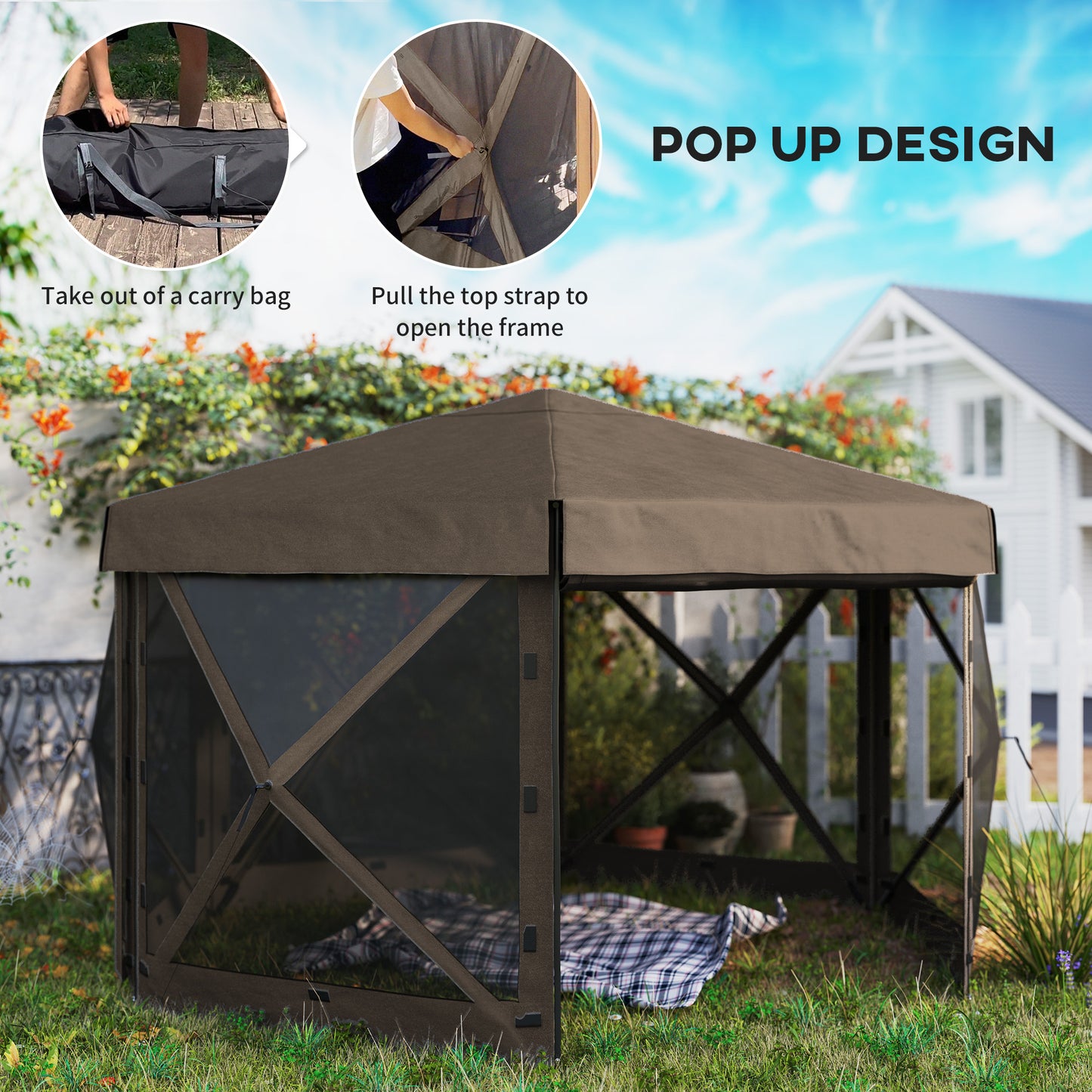 Outsunny 3x3m Hexagon Pop Up Gazebo With 5 Sides Carry Bag Waterproof UV Resistant Garden Patio Tent Brown