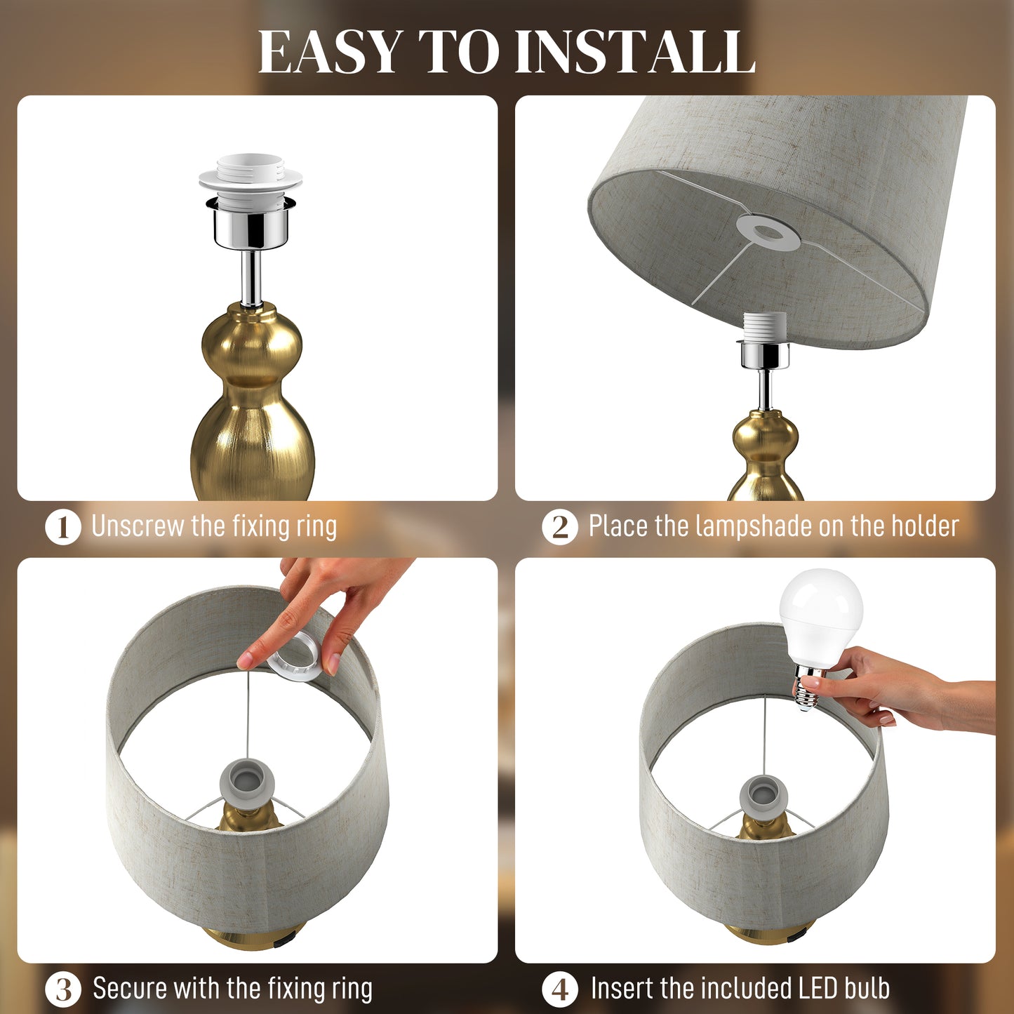 HOMCOM Dimmable Bedside Lamps Set Of 2 With USB Type A And C Ports 3 Colour Temperatures Linen Shade Gold Tone
