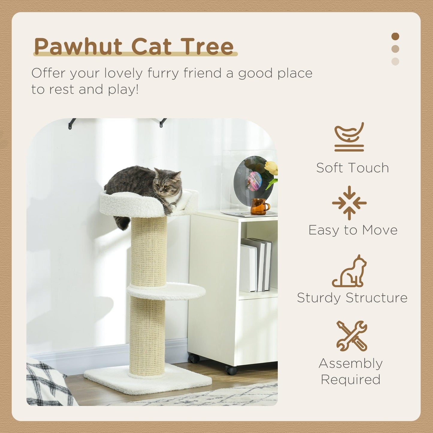 PawHut 2 Tier Sisal Sherpa Cat Tree with Basket Cushion Sisal Post Cream White - ALL4U RETAILER LTD