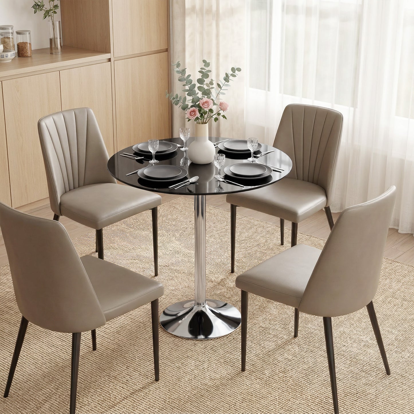HOMCOM Round Bar Table With Tempered Glass Top And Steel Frame For Four People 70 x 70 x 75.5 cm Black