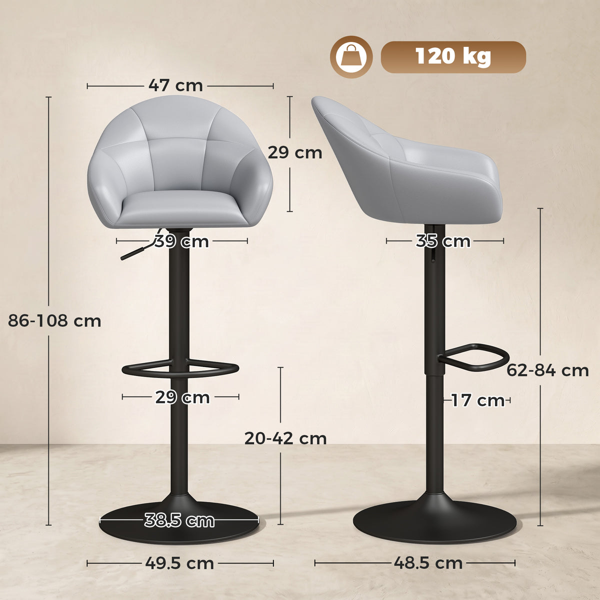 Grey bar stool with rounded backrest and armrests, black base with footrest