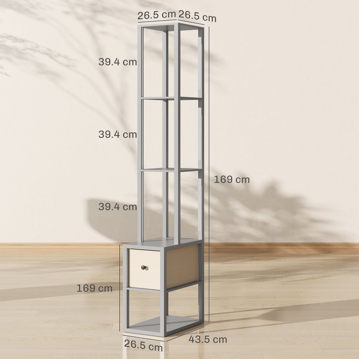 HOMCOM 3 In 1 Floor Lamp With Shelves And Fabric Drawer LED Column Modern Standing Lamp Adjustable Brightness Grey