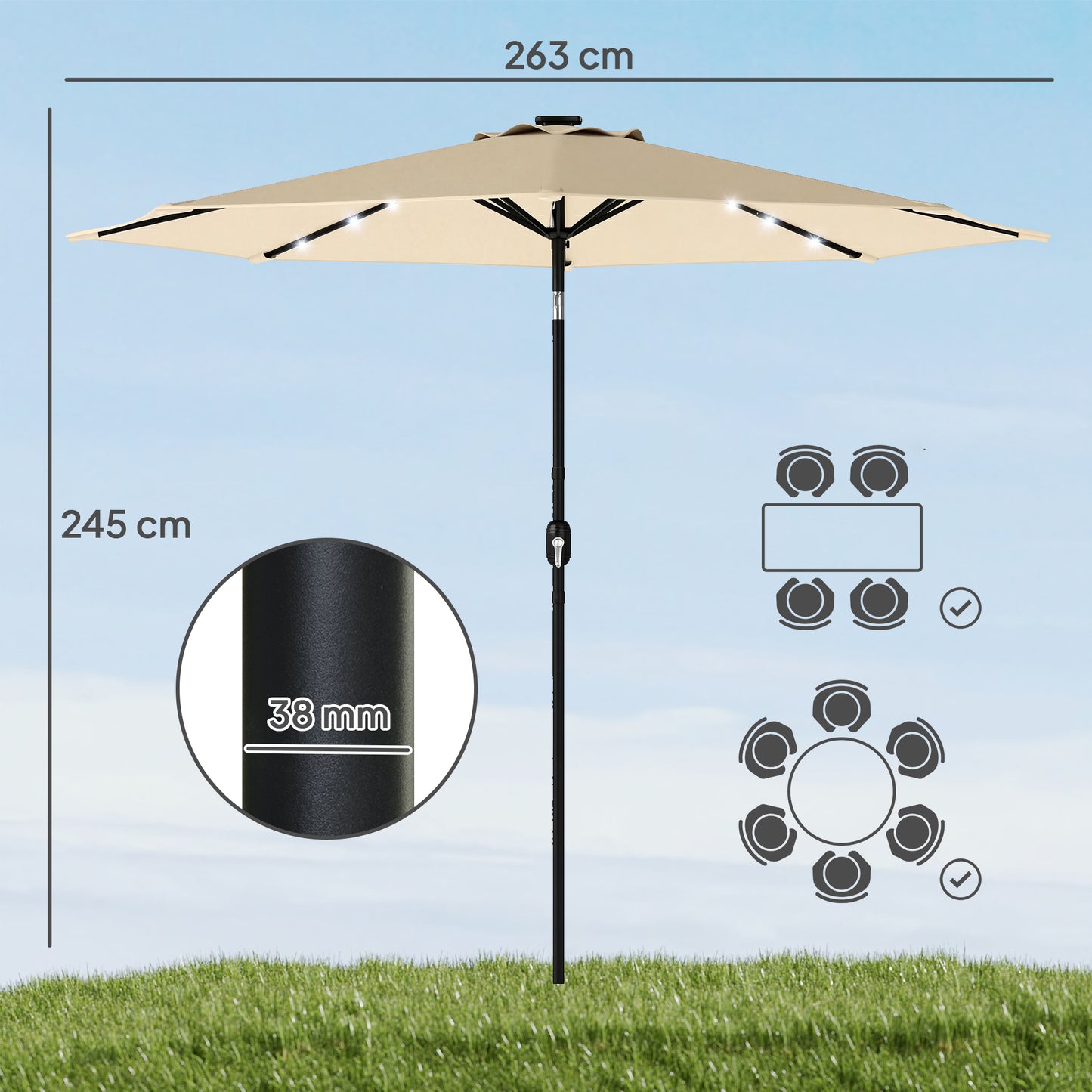 Outsunny 2.6m Garden Parasol Umbrella With LED Solar Light And Parasol Cover Beige For Outdoor Patio