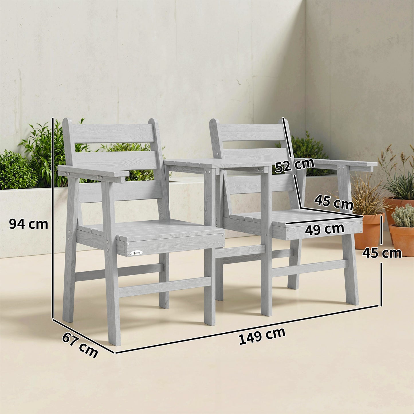 Outsunny Outdoor Garden Loveseat With Integrated Table Between Jack And Jill Seats Embossed Wooden Grey