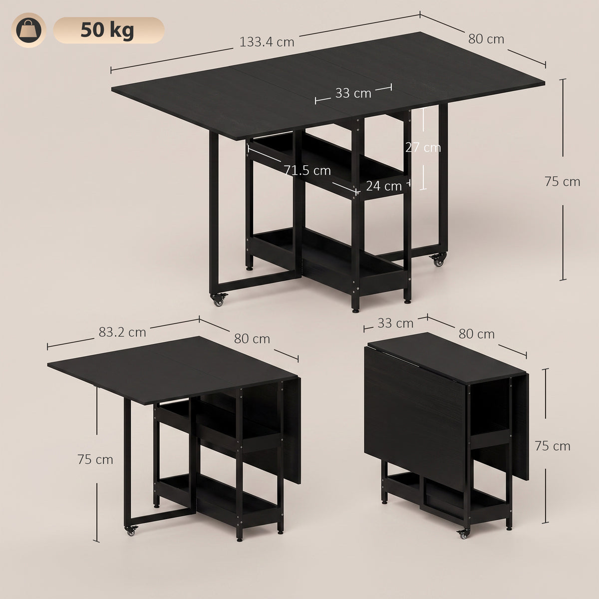 Black foldable drop-leaf dining table with metal frame and open storage compartments