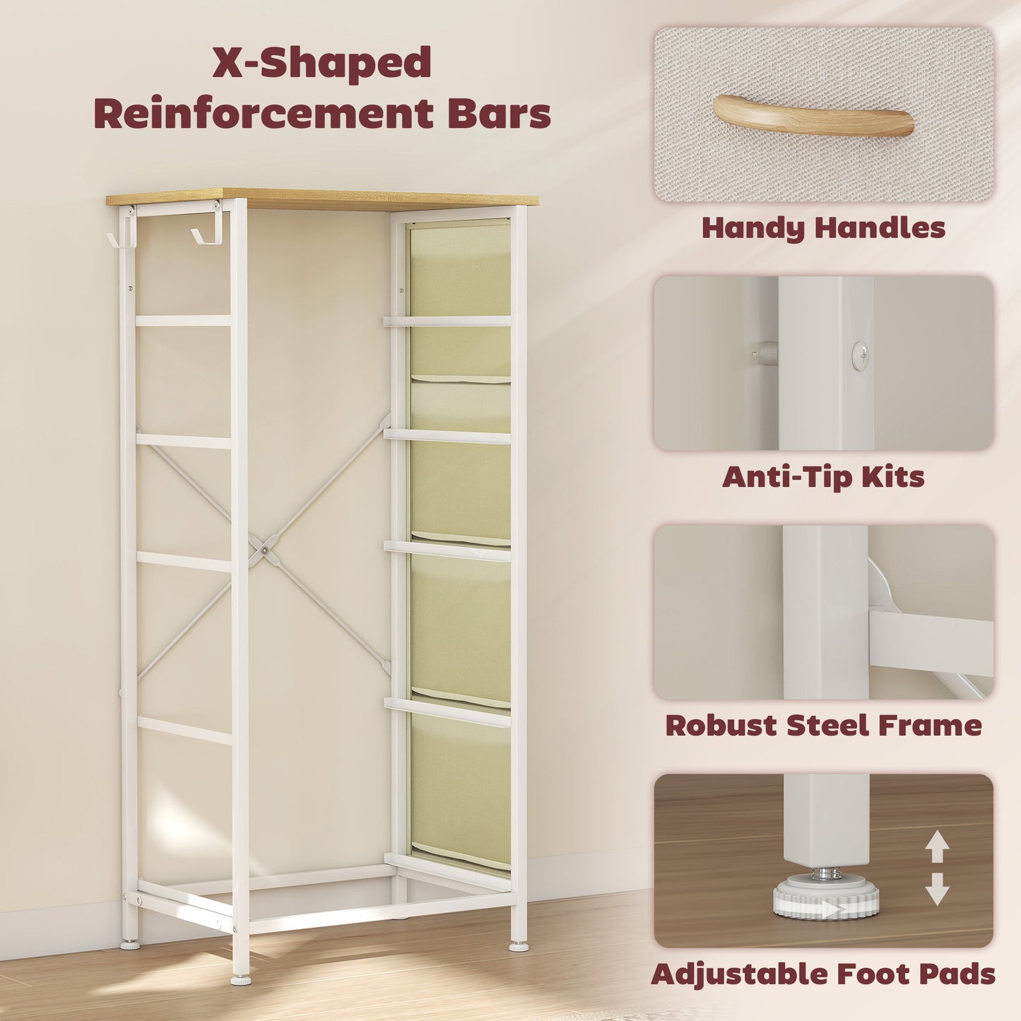 HOMCOM Five Fabric Drawer Chest Beige With Steel Frame And X Bar Support For Bedroom Storage