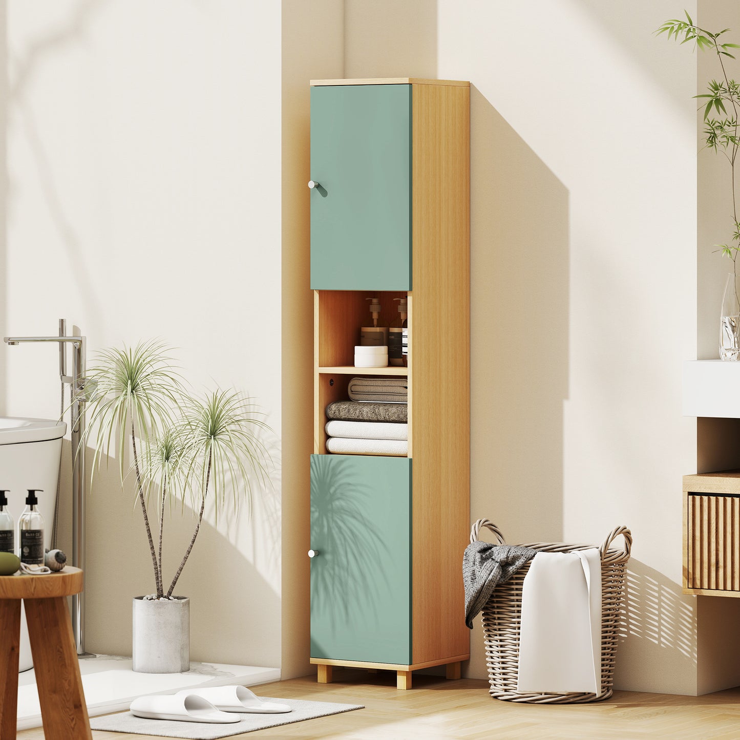 HOMCOM Tall Bathroom Cabinet With Adjustable Shelves And Open Shelves In Green Color