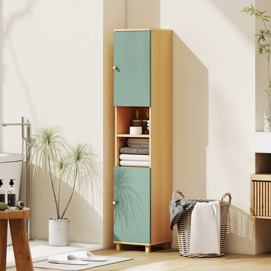 HOMCOM Tall Bathroom Cabinet With Adjustable Shelves And Open Shelves In Green Color