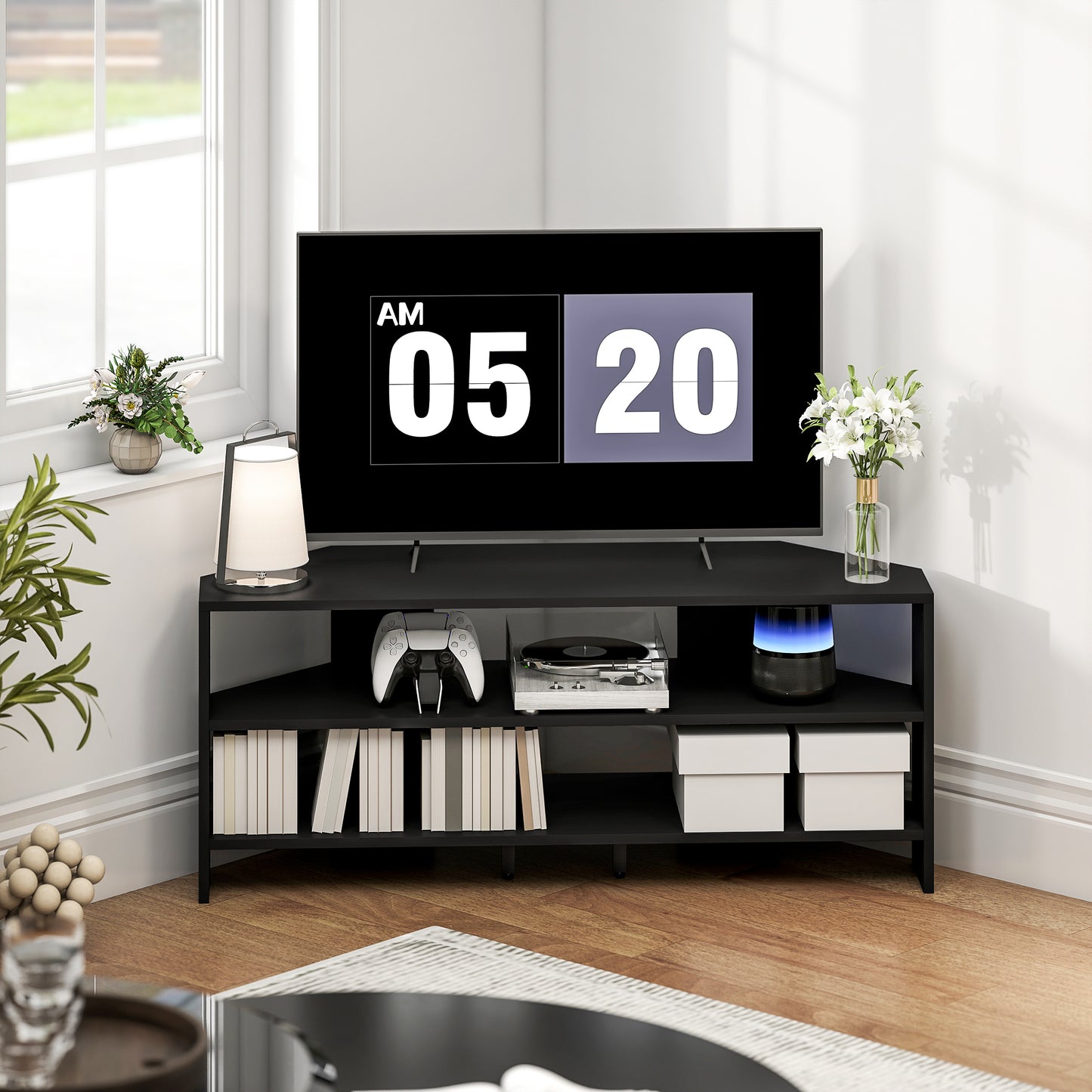 HOMCOM Corner TV Stand For 47 Inch TVs With Two Open Shelves Black Finish For Living Room