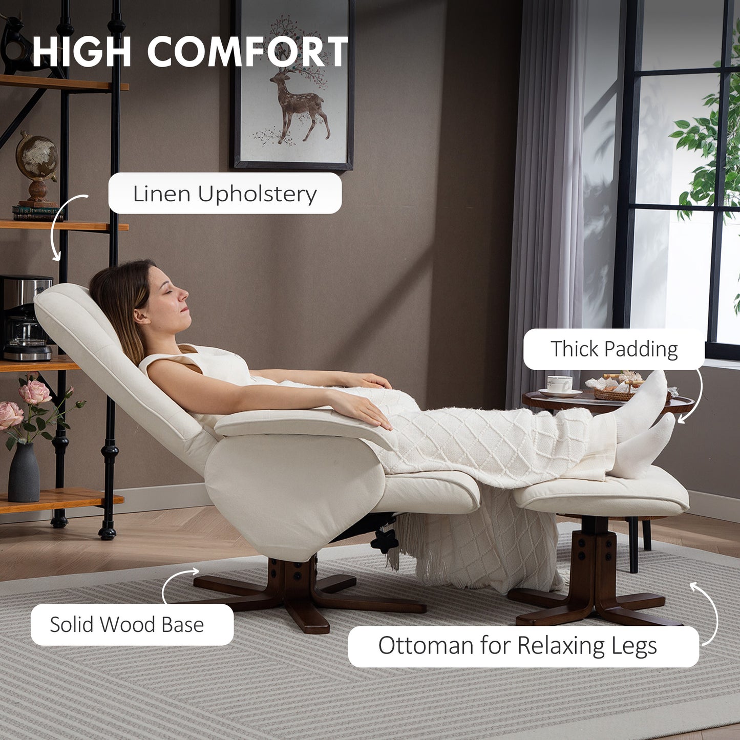 HOMCOM Linen Swivel Recliner Chair With Footstool Upholstered Armchair With Wooden Base Beige