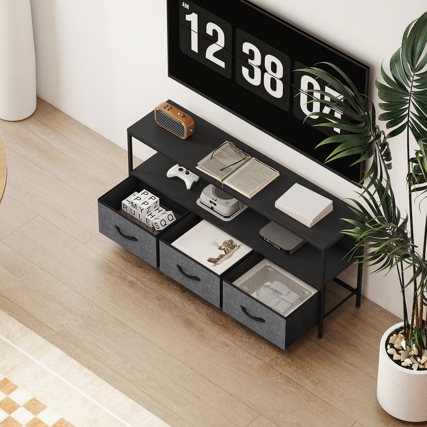 HOMCOM TV Stand Cabinet With Three Foldable Drawers Two Tone Design Black Finish