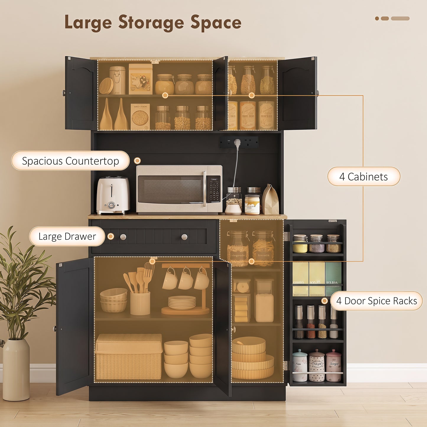 HOMCOM 173 CM Tall Kitchen Cupboard With Charging Station And Adjustable Shelves Four Door Pantry Racks
