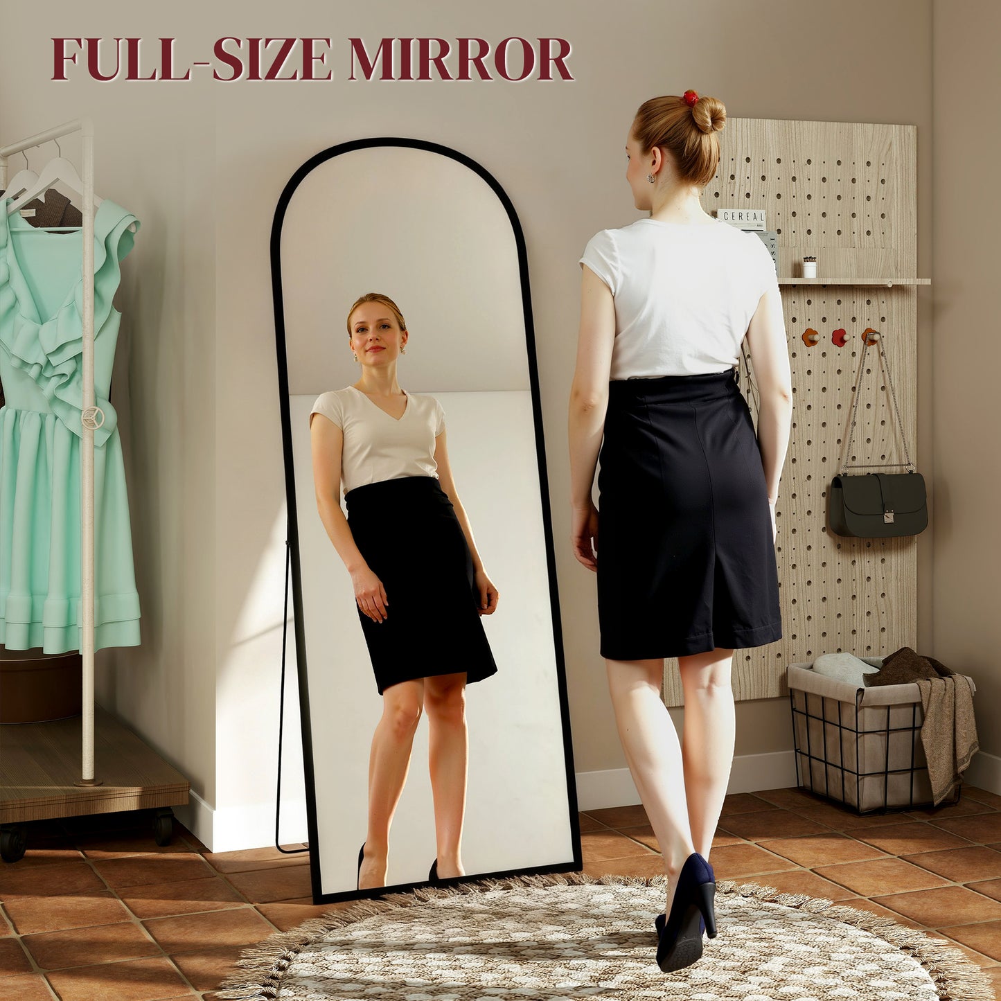 HOMCOM 165cm Aluminium Frame Standing Mirror Black Two Way Design With Wall Mount Option