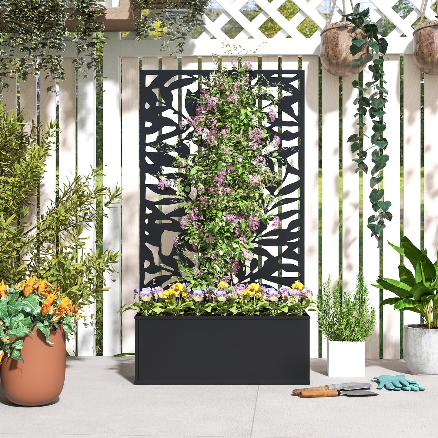 Outsunny Metal Garden Bed With Trellis Raised Planter Privacy Panel Wall Mounted Or Freestanding Black