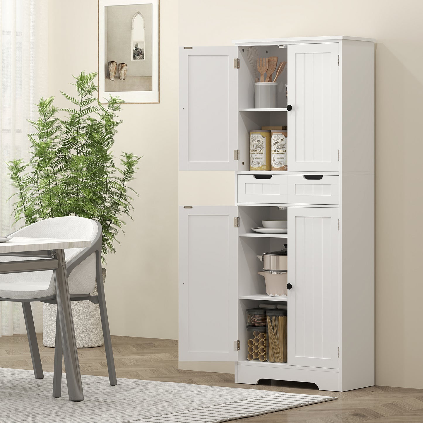 HOMCOM Tall White Bathroom Storage Cabinet With Drawer And Double Cupboards For Bathroom Or Kitchen Pantry And Sideboard
