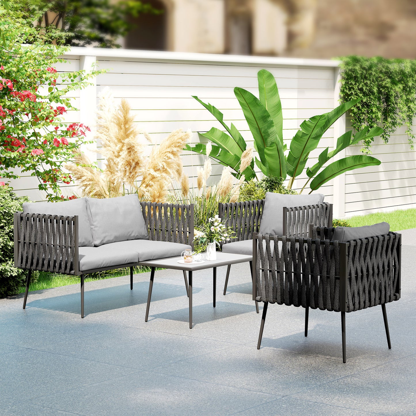 Outsunny 4 Piece Garden Furniture Set With Cushions And Faux Marble Tabletop Light Grey