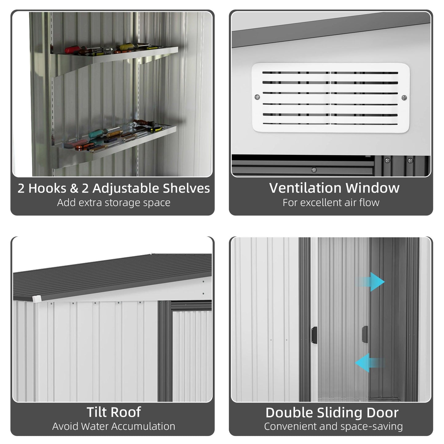 Outsunny 5 x 7FT Galvanised Metal Shed with Foundation, Lean to Tool Garden Shed with Sliding Doors and 2 Vents, White - ALL4U RETAILER LTD