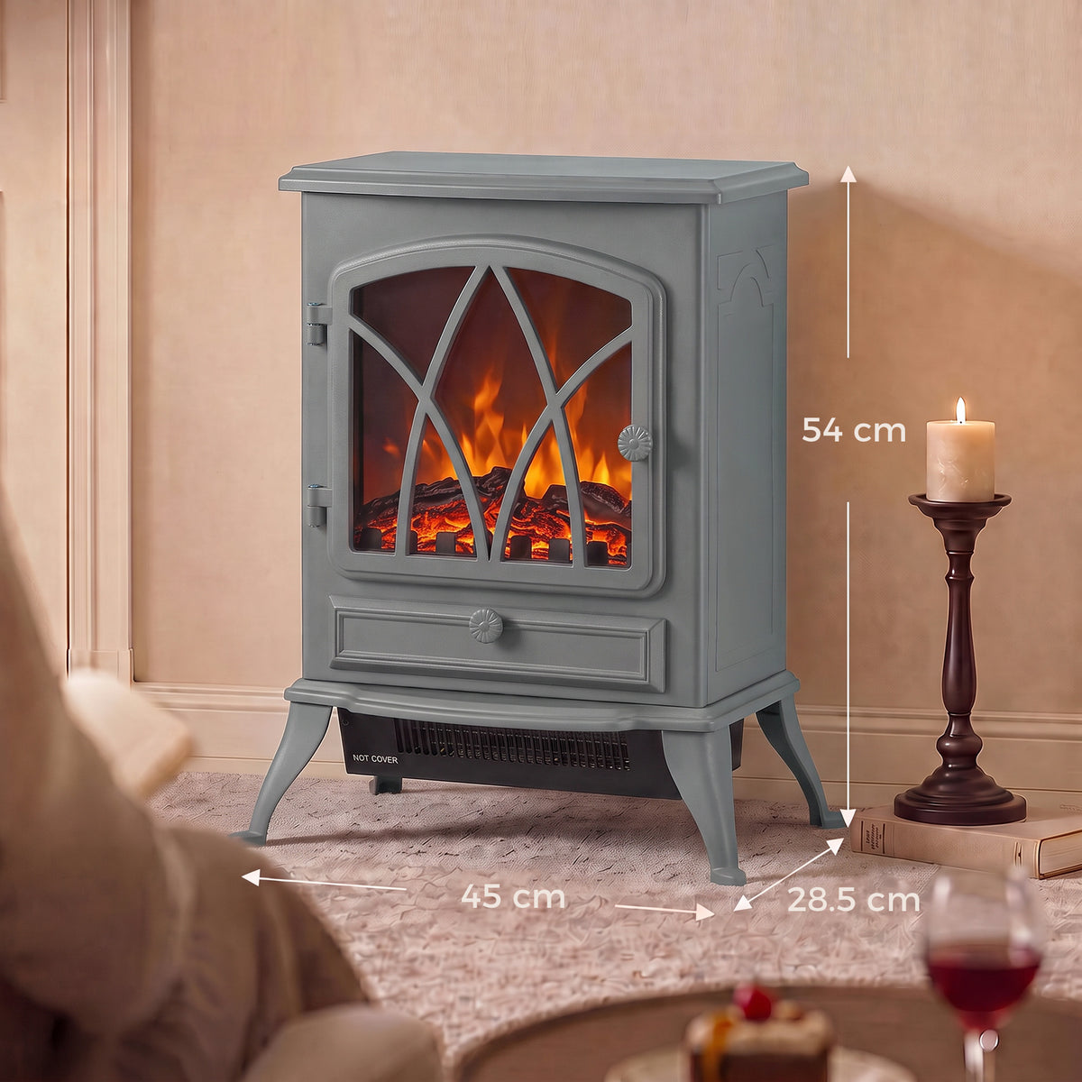 HOMCOM 1KW To 2KW Vintage Electric Fireplace Heater Grey With Thermostat