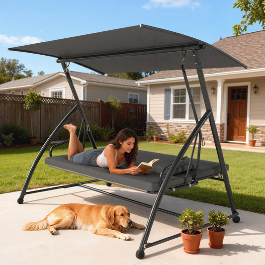 Outsunny Outdoor 2 In 1 Swing Chair Lounger 3 Seater Garden Swing Bed Convertible With Canopy Cushion Dark Grey