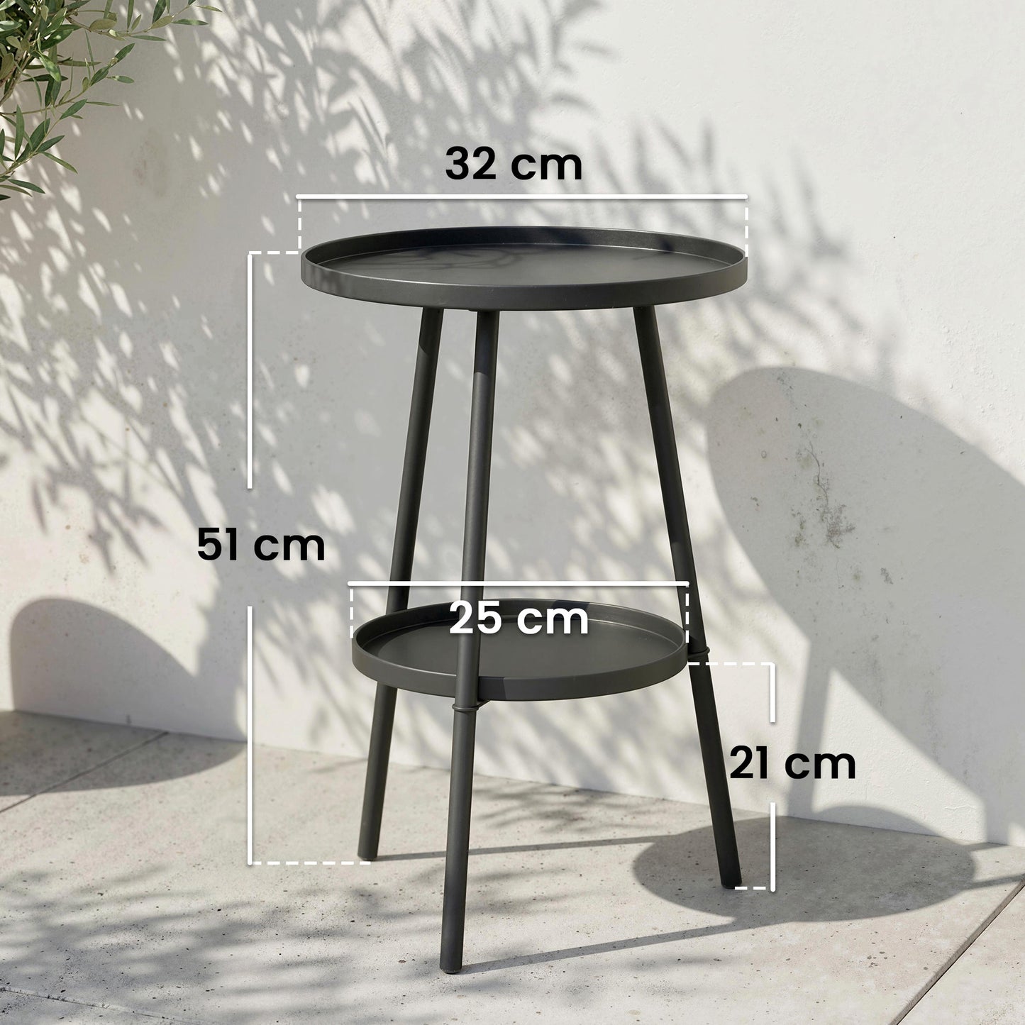 Outsunny Two Tier Round Metal Garden Table Outdoor Indoor Weather Resistant Black Finish