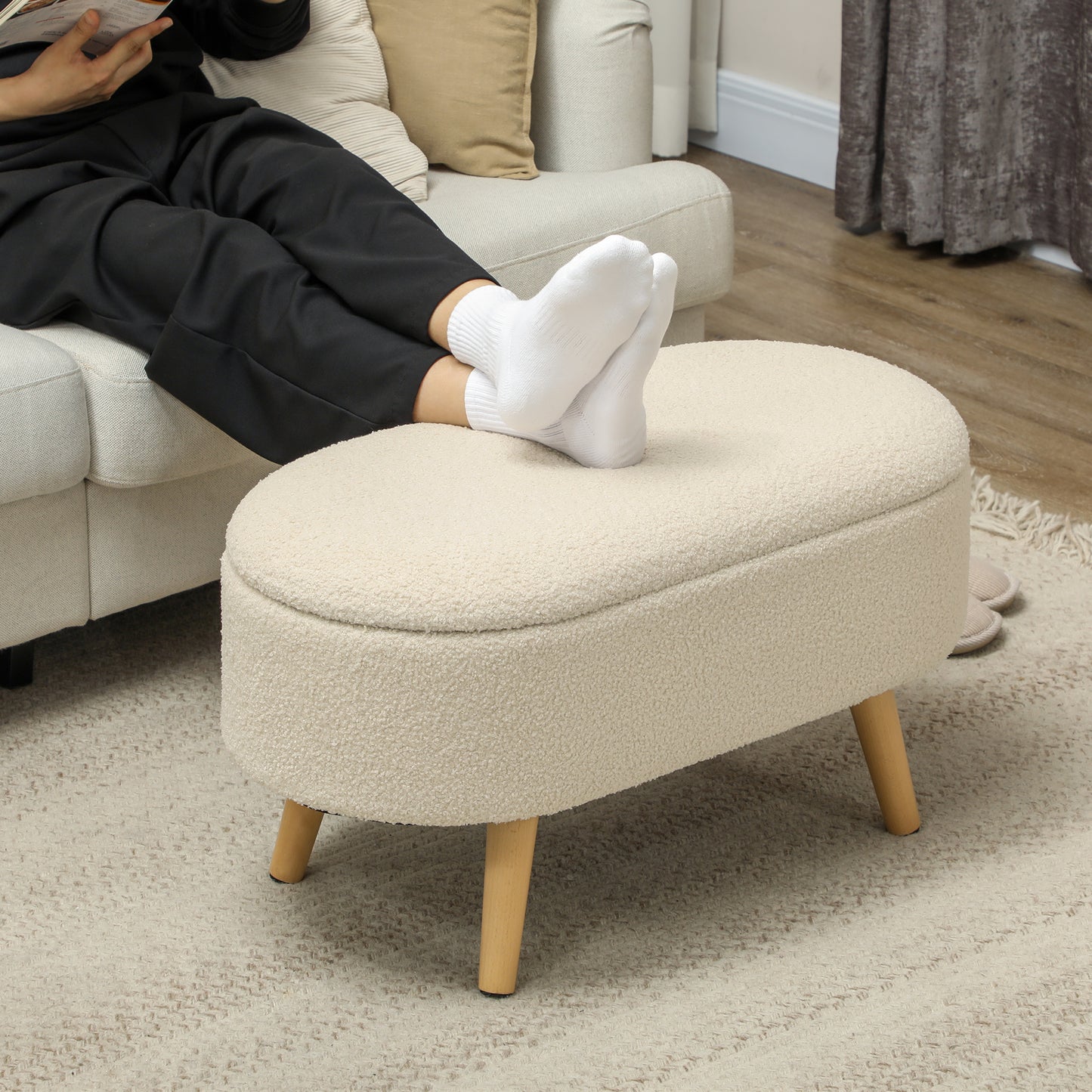 HOMCOM Teddy Fleece Storage Ottoman Cream White With 72 x 32 Cm Inner Storage And Padded Seat On Pine Wood Legs