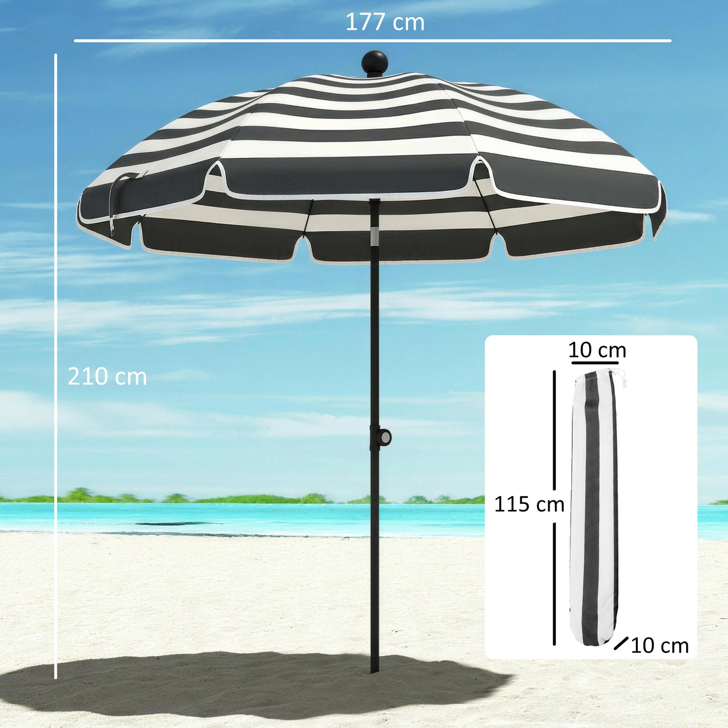 Outsunny 1.8m Beach Umbrella Parasol With Sand Anchor Tilting 30 Degree Canopy Adjustable Height Grey White