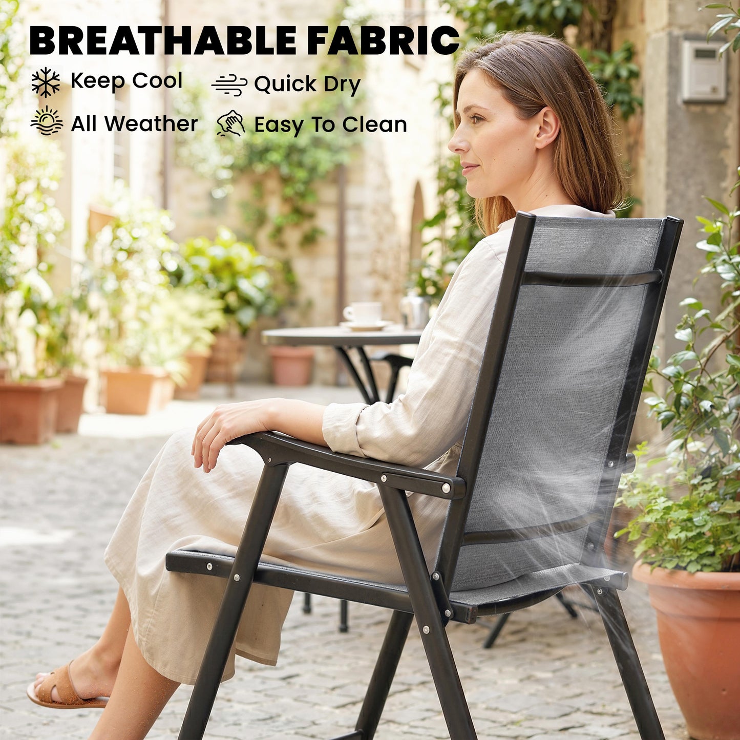 Outsunny Folding Garden Chairs Set Of 4 With High Back Armrests Texteline Seat In Light Grey