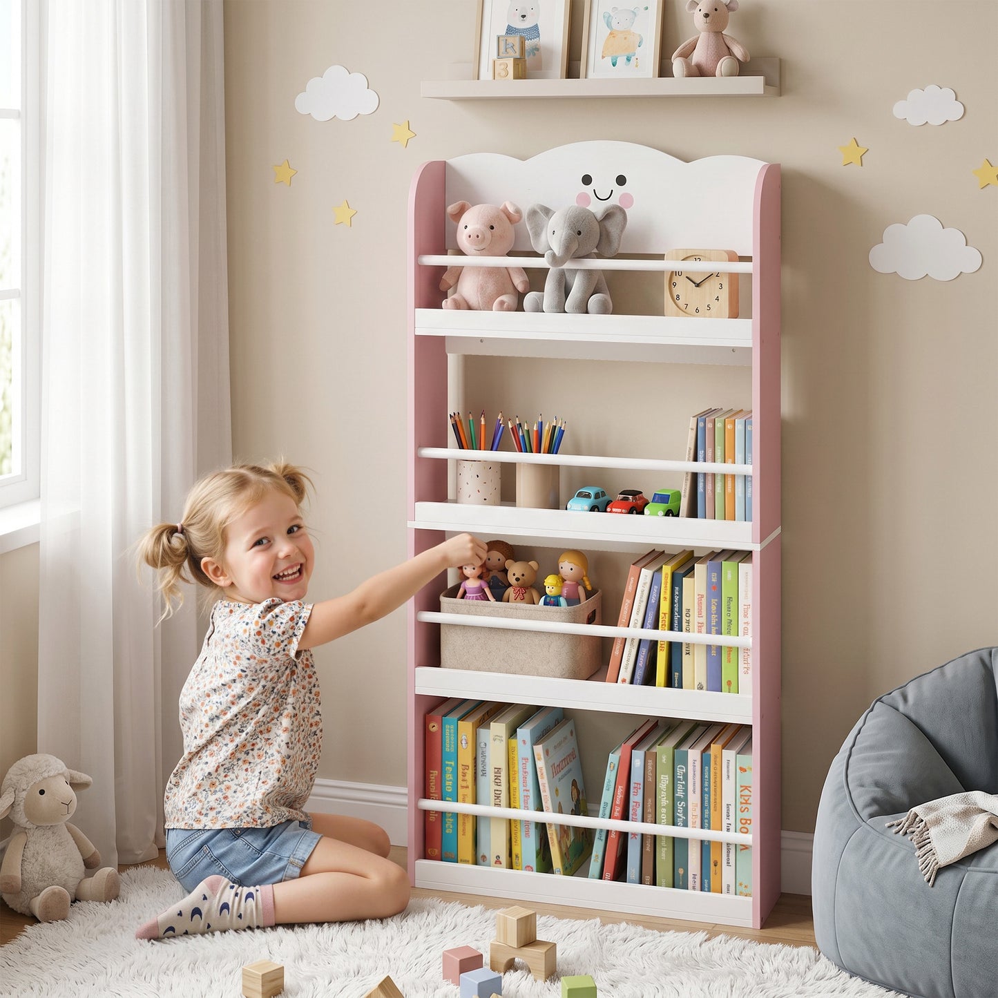 AIYAPLAY 4 Tier Kids Bookshelf Wall Mounted Pink Bookcase Toddler Playroom And Kids Room