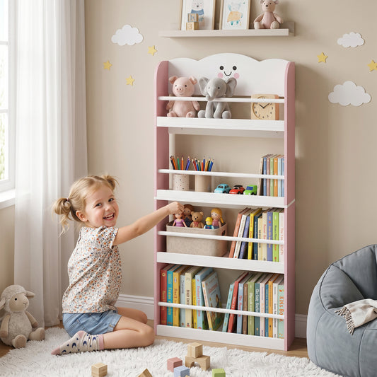 AIYAPLAY 4 Tier Kids Bookshelf Wall Mounted Pink Bookcase Toddler Playroom And Kids Room