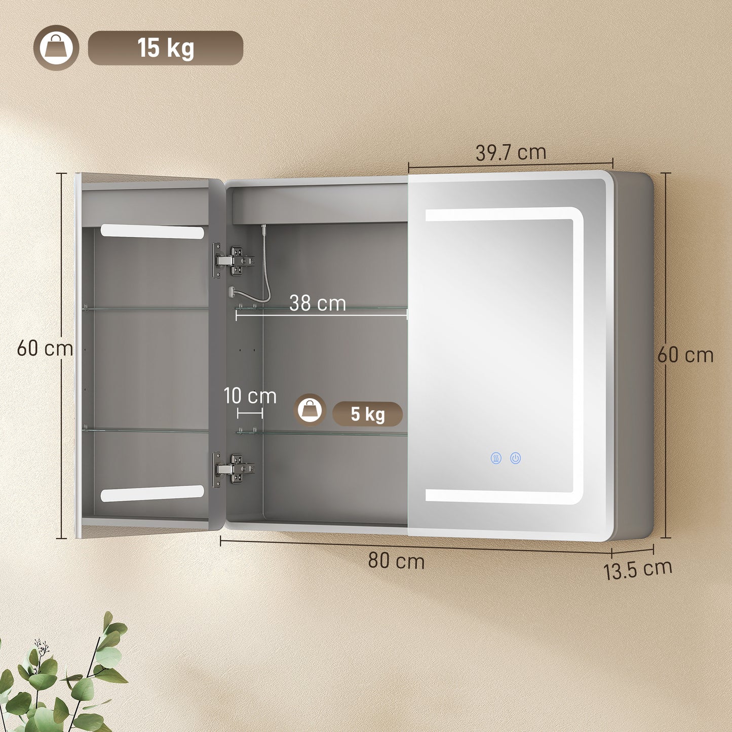 HOMCOM Mirrored Bathroom Cabinet With LED Lights 60 x 80 cm Anti Fog Mirror Cabinet With 3 Colour Dimmable Lighting