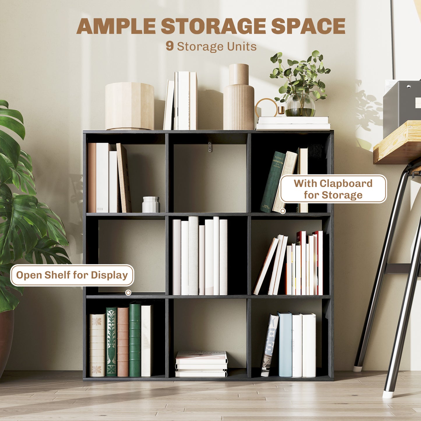 HOMCOM Nine Cube Storage Shelf Black Sturdy Particle Board Cube Organizer for Home and Office Use Easy Assembly