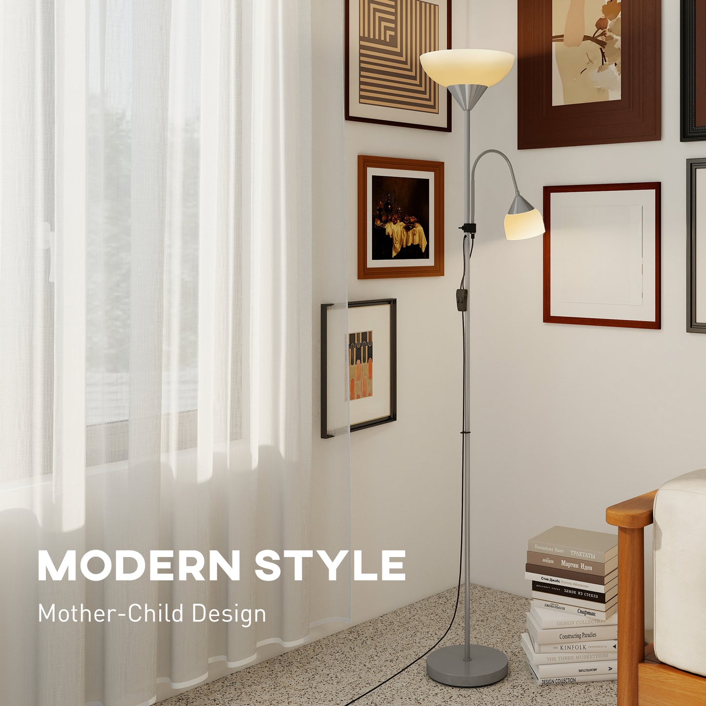 HOMCOM LED Floor Lamp 180cm Living Room Mother And Child Uplighter Adjustable Gooseneck 3000K 4500K 6500K Silver