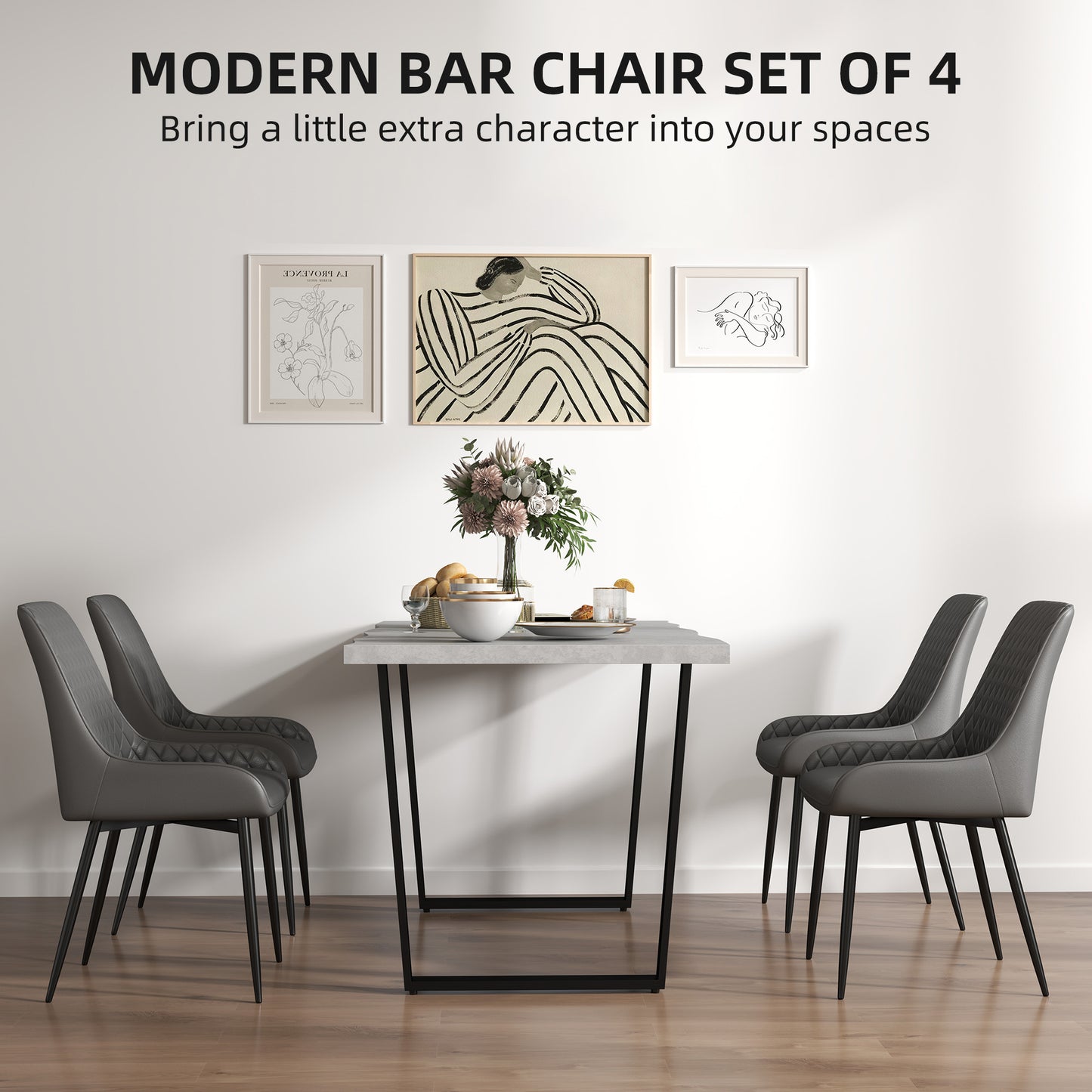 HOMCOM Set of 4 Quilted PU Leather Dining Chairs with Metal Frame and Foot Caps Grey