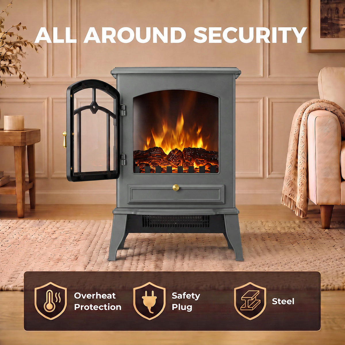 HOMCOM 3 Sided Electric Fireplace Heater with 3D Flame Log and Thermostat Grey