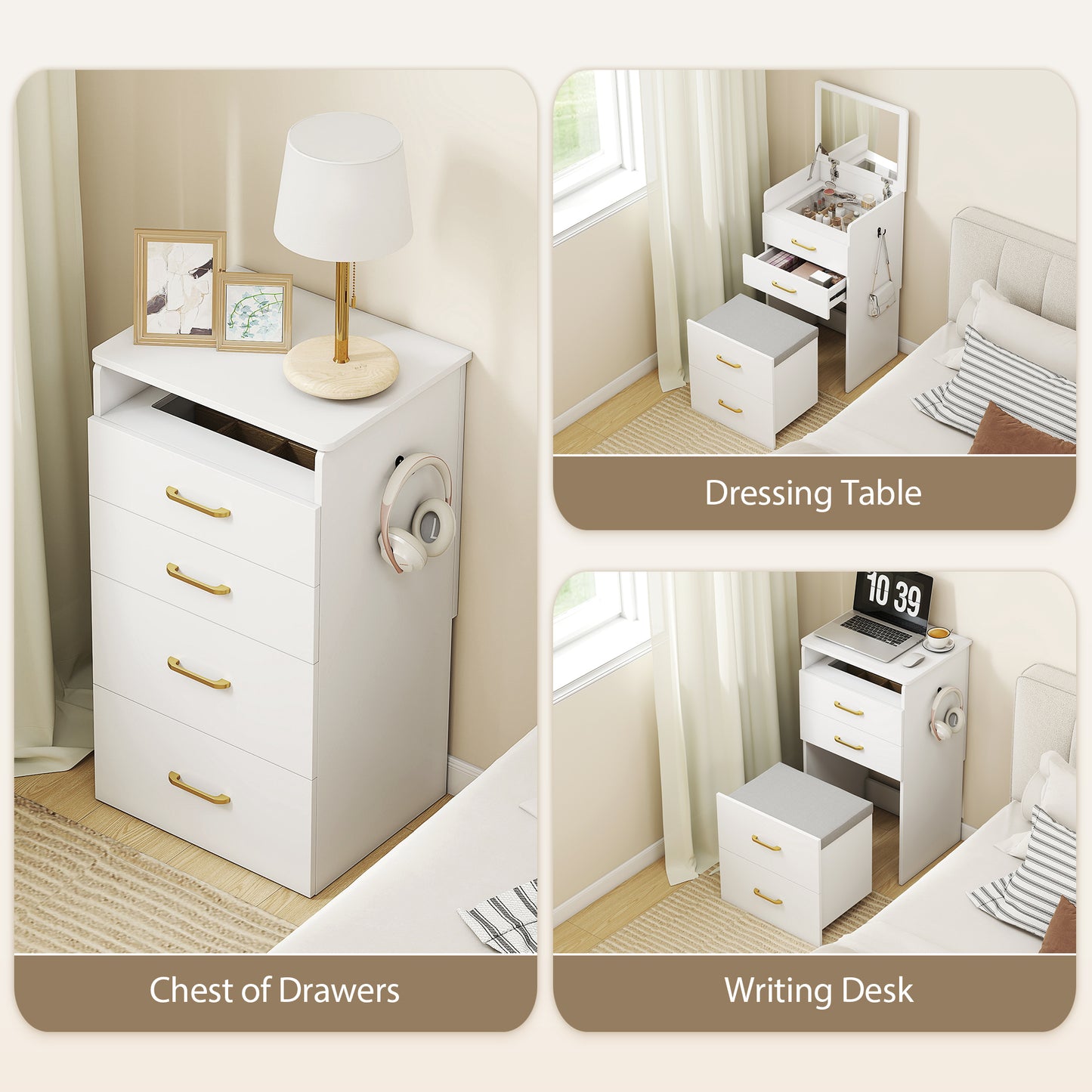 HOMCOM Compact Dressing Table And Stool Set With White Mirror And Storage Two Drawers And Eight Grid Storage