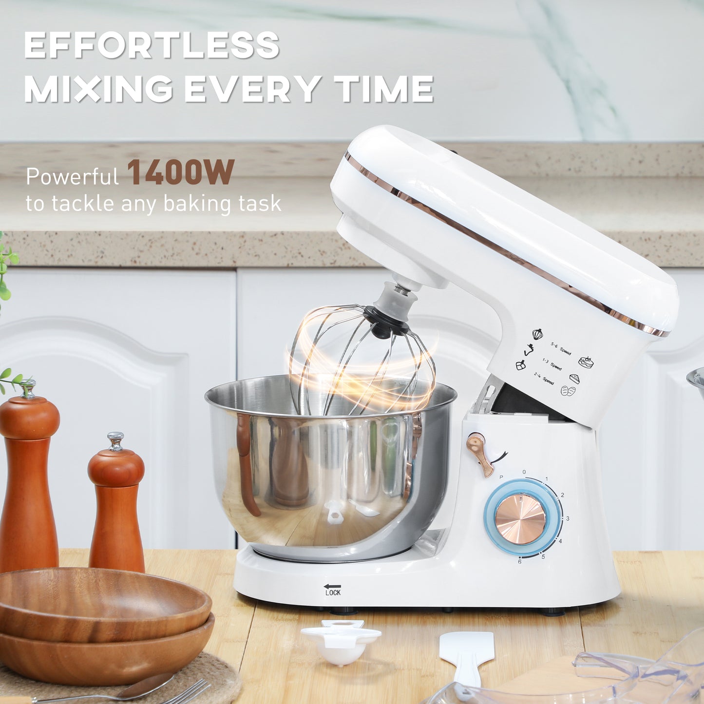HOMCOM Stand Mixer 1400W Six Speed Pulse 5L Stainless Steel Bowl With Dough Hook Whisk Splash Guard Tilt Head
