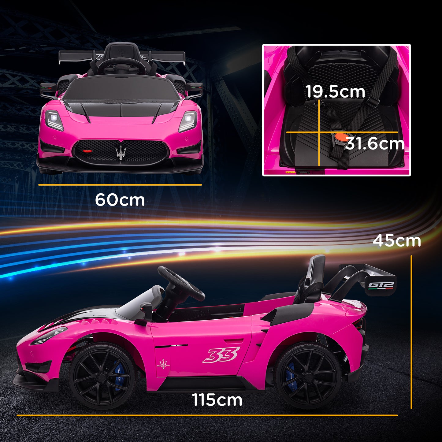 AIYAPLAY 12V Licensed Maserati GT2 Kids Electric Ride-On Car with Remote Control, Music, Horn, and Lights - Pink