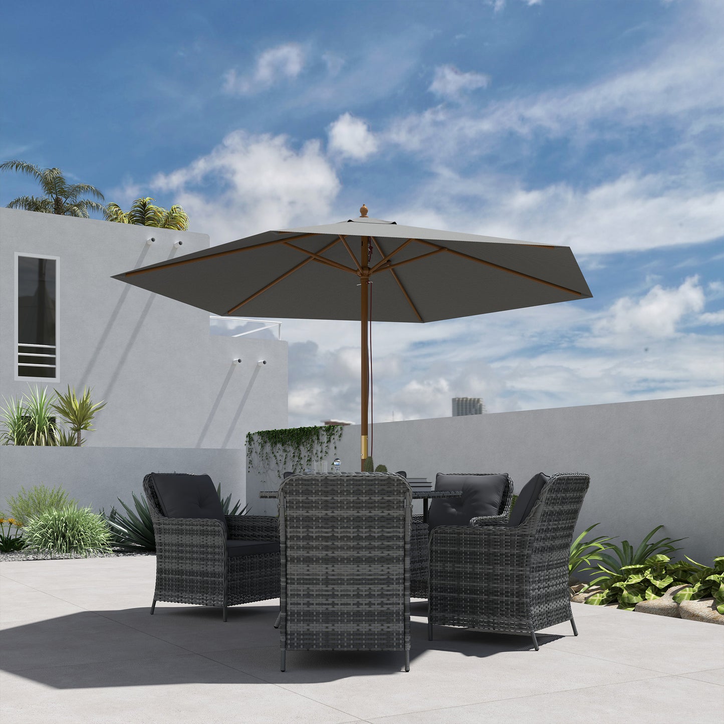Outsunny 2.5m Wood Garden Parasol Patio Outdoor Umbrella With Vent 38mm Pole Light Grey Rope Pulley Mechanism